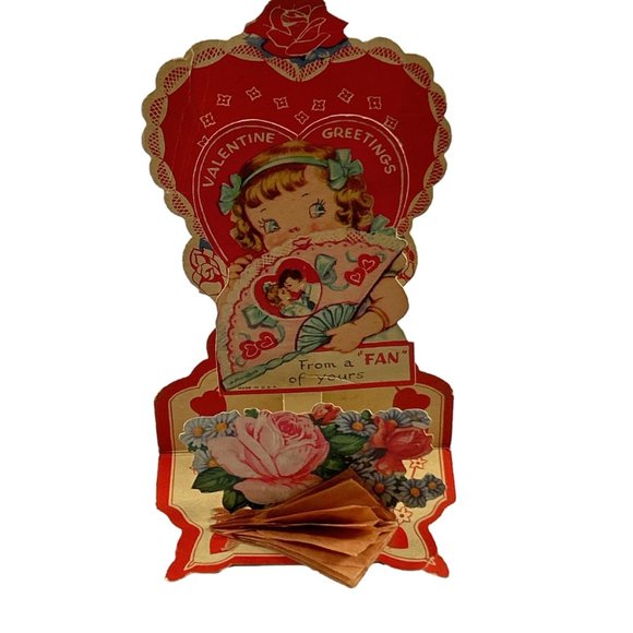 Vintage Pull Down Valentine Card Girl Fan Folding Flowers Roses USA Ephemera - Picture 13 of 13